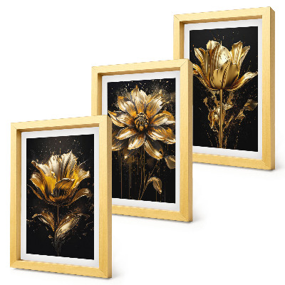 Juego de 3 cuadros decorativos Flores en tonos amarillos sobre un fondo oscuro