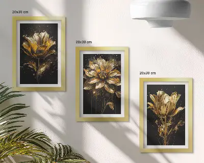 Juego de 3 cuadros decorativos flores en tonos amarillos sobre fondo oscuro