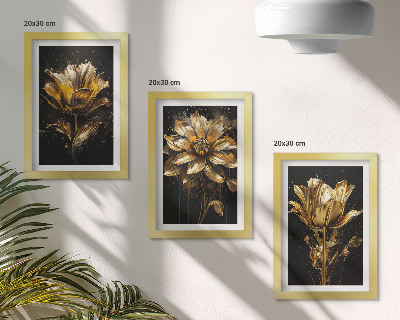 Juego de 3 cuadros decorativos Flores en tonos amarillos sobre un fondo oscuro
