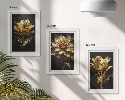 Juego de 3 cuadros decorativos flores en tonos amarillos sobre fondo oscuro