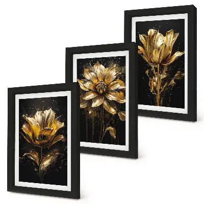 Juego de 3 cuadros decorativos flores en tonos amarillos sobre fondo oscuro