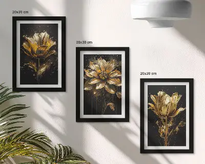 Juego de 3 cuadros decorativos flores en tonos amarillos sobre fondo oscuro