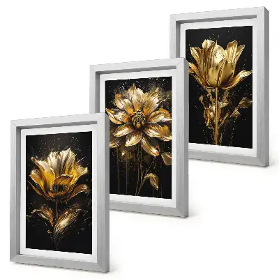Juego de 3 cuadros decorativos flores en tonos amarillos sobre fondo oscuro
