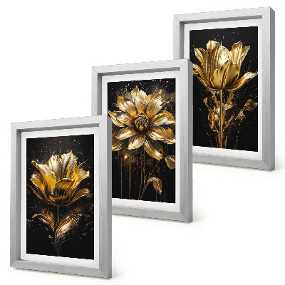 Juego de 3 cuadros decorativos Flores en tonos amarillos sobre un fondo oscuro
