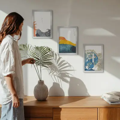 Tríptico enmarcado diseño de olas al estilo gráfico japonés