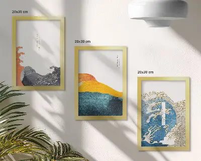 Tríptico enmarcado diseño de olas al estilo gráfico japonés