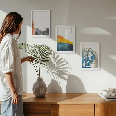 Tríptico enmarcado diseño de olas al estilo gráfico japonés
