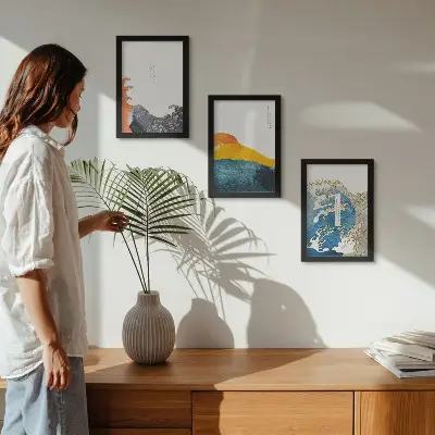 Tríptico enmarcado diseño de olas al estilo gráfico japonés
