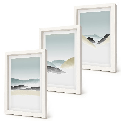 Juego de 3 cuadros decorativos Montañas minimalistas en delicados tonos pastel.