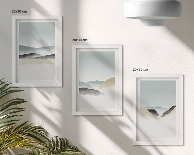Juego de 3 cuadros decorativos Montañas minimalistas en delicados tonos pastel.