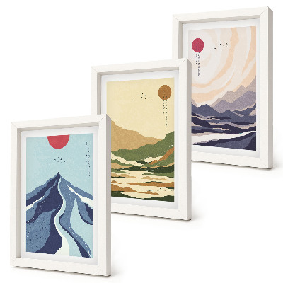 Tríptico enmarcado Montañas en colores pastel, al estilo Japandi.