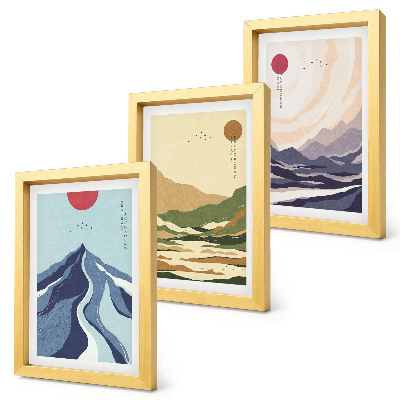 Tríptico enmarcado Montañas en colores pastel, al estilo Japandi.