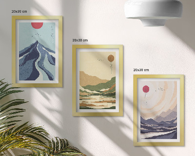 Tríptico enmarcado Montañas en colores pastel, al estilo Japandi.