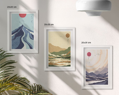 Tríptico enmarcado Montañas en colores pastel, al estilo Japandi.