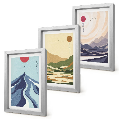 Tríptico enmarcado Montañas en colores pastel, al estilo Japandi.