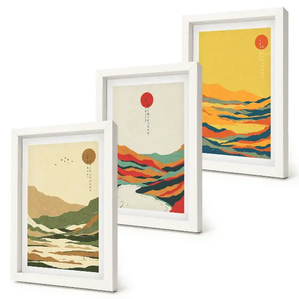 Juego de 3 cuadros decorativos con diseños coloridos de montañas y ríos al estilo Japandi