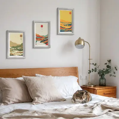 Juego de 3 cuadros decorativos con diseños coloridos de montañas y ríos al estilo Japandi