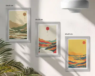 Juego de 3 cuadros decorativos con diseños coloridos de montañas y ríos al estilo Japandi
