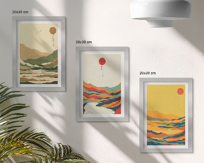 Juego de 3 cuadros decorativos Diseños coloridos de montañas y ríos al estilo Japandi.
