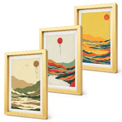 Juego de 3 cuadros decorativos con diseños coloridos de montañas y ríos al estilo Japandi