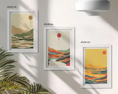 Juego de 3 cuadros decorativos con diseños coloridos de montañas y ríos al estilo Japandi