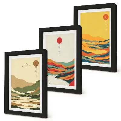 Juego de 3 cuadros decorativos con diseños coloridos de montañas y ríos al estilo Japandi