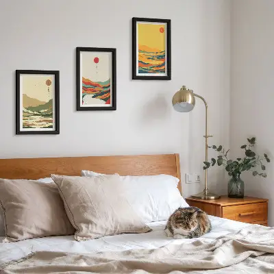 Juego de 3 cuadros decorativos con diseños coloridos de montañas y ríos al estilo Japandi