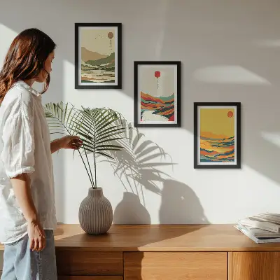 Juego de 3 cuadros decorativos con diseños coloridos de montañas y ríos al estilo Japandi
