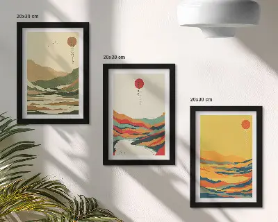 Juego de 3 cuadros decorativos con diseños coloridos de montañas y ríos al estilo Japandi