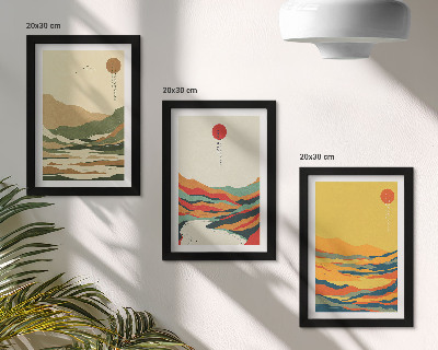 Juego de 3 cuadros decorativos Diseños coloridos de montañas y ríos al estilo Japandi.