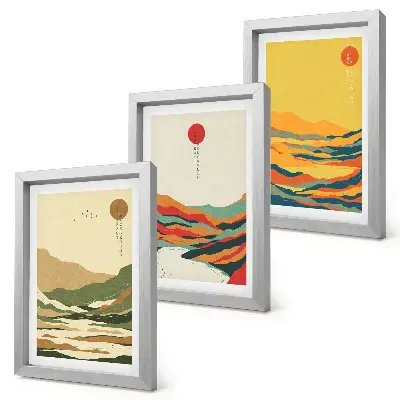 Juego de 3 cuadros decorativos con diseños coloridos de montañas y ríos al estilo Japandi