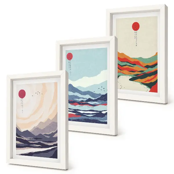 Paisajes montañosos abstractos japoneses tríptico enmarcado