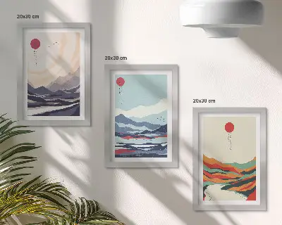 Paisajes montañosos abstractos japoneses tríptico enmarcado