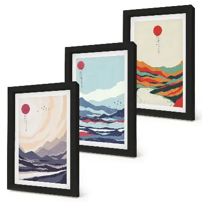 Paisajes montañosos abstractos japoneses tríptico enmarcado
