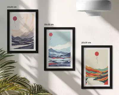 Paisajes montañosos abstractos japoneses tríptico enmarcado