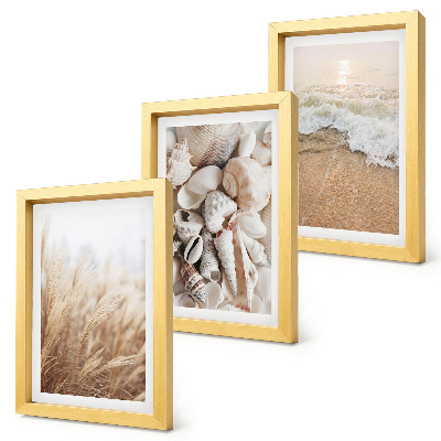 Juego de 3 cuadros decorativos Motivos playeros con conchas y olas del mar.