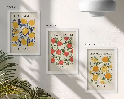 Tríptico enmarcado con carteles florales de Londres, Milán y París
