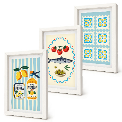 Juego de 3 cuadros decorativos Ilustraciones de cocinas de estilo mediterráneo