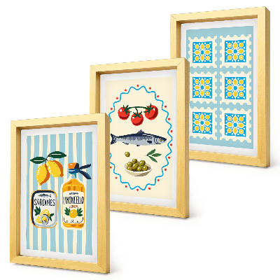 Juego de 3 cuadros decorativos Ilustraciones de cocinas de estilo mediterráneo