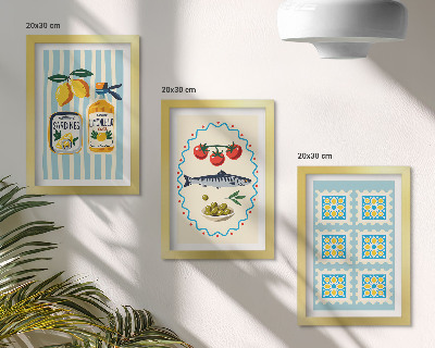 Juego de 3 cuadros decorativos Ilustraciones de cocinas de estilo mediterráneo