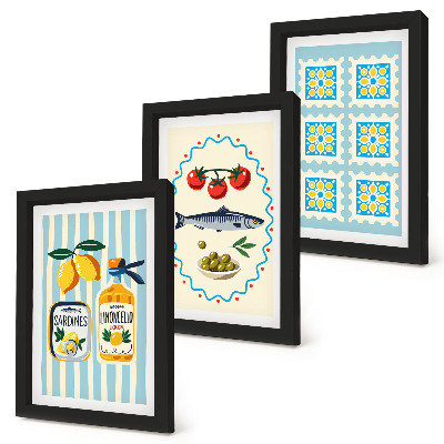 Juego de 3 cuadros decorativos Ilustraciones de cocinas de estilo mediterráneo