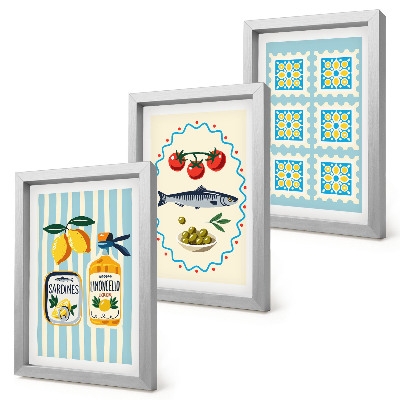 Juego de 3 cuadros decorativos Ilustraciones de cocinas de estilo mediterráneo