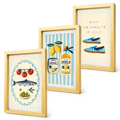 Tríptico enmarcado cuadro decorativo con estilo y sabores italianos en imágenes coloridas