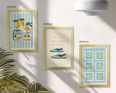 Juego de 3 cuadros decorativos con motivos de patrones frutales y elementos de la cultura italiana