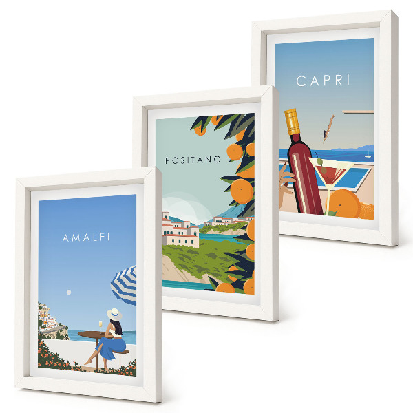 Tríptico enmarcado Vistas vacacionales de Amalfi, Positano y Capri.