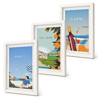 Tríptico enmarcado Vistas vacacionales de Amalfi, Positano y Capri.