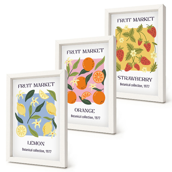 Juego de 3 cuadros decorativos Carteles de frutas con limones, naranjas y fresas.