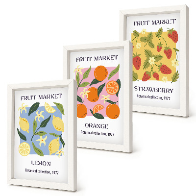 Juego de 3 cuadros decorativos Carteles de frutas con limones, naranjas y fresas.