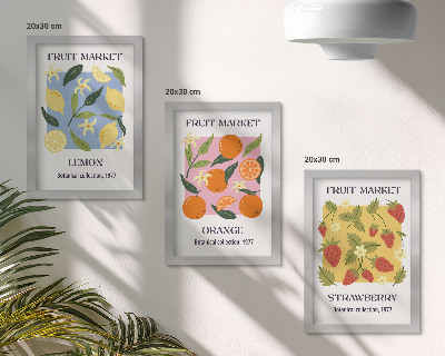 Juego de 3 cuadros decorativos Carteles de frutas con limones, naranjas y fresas.