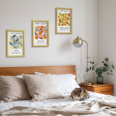 Juego de 3 cuadros decorativos Carteles de frutas con limones, naranjas y fresas.